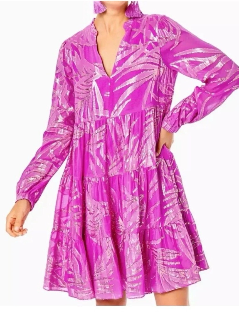 Lilly Pulitzer Fuchsia Metallic Leaf-Print Long-Sleeve Tiered Dress